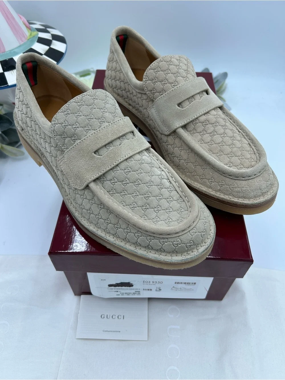 Men's Gucci, GG monogram web loafers size 10 fits 10.5  US made in Italy